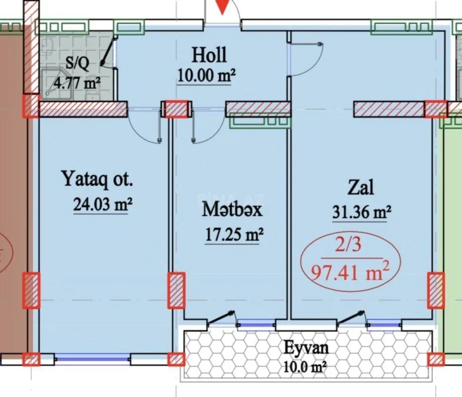 Satılır 3 otaqlı mənzil 97.4 m²