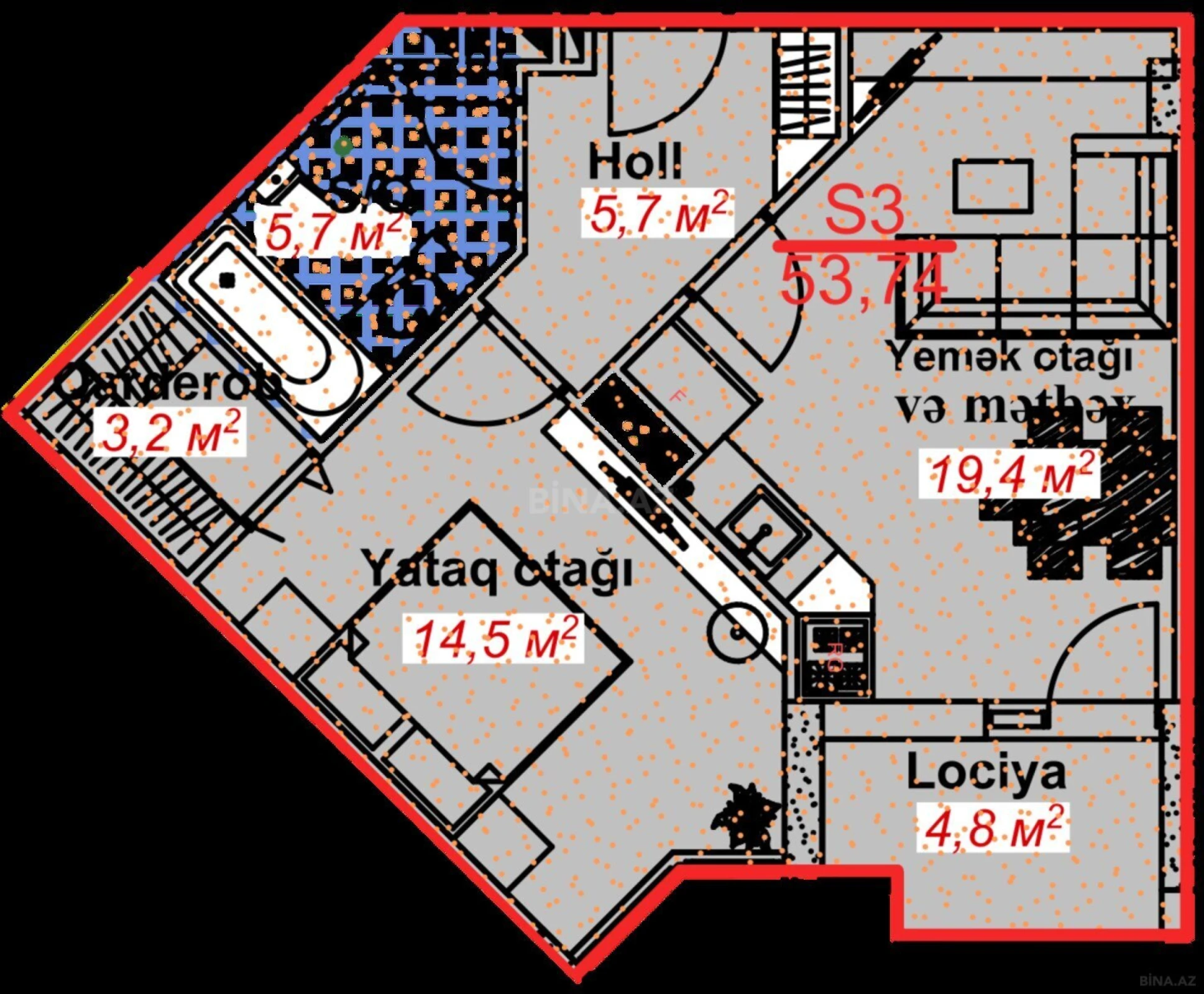 Satılır 1 otaqlı mənzil 53.74 m²