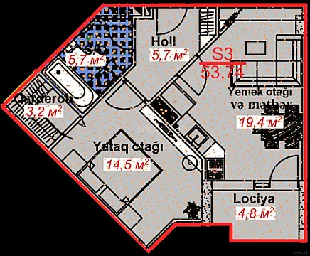 Satılır 1 otaqlı mənzil 53.74 m²