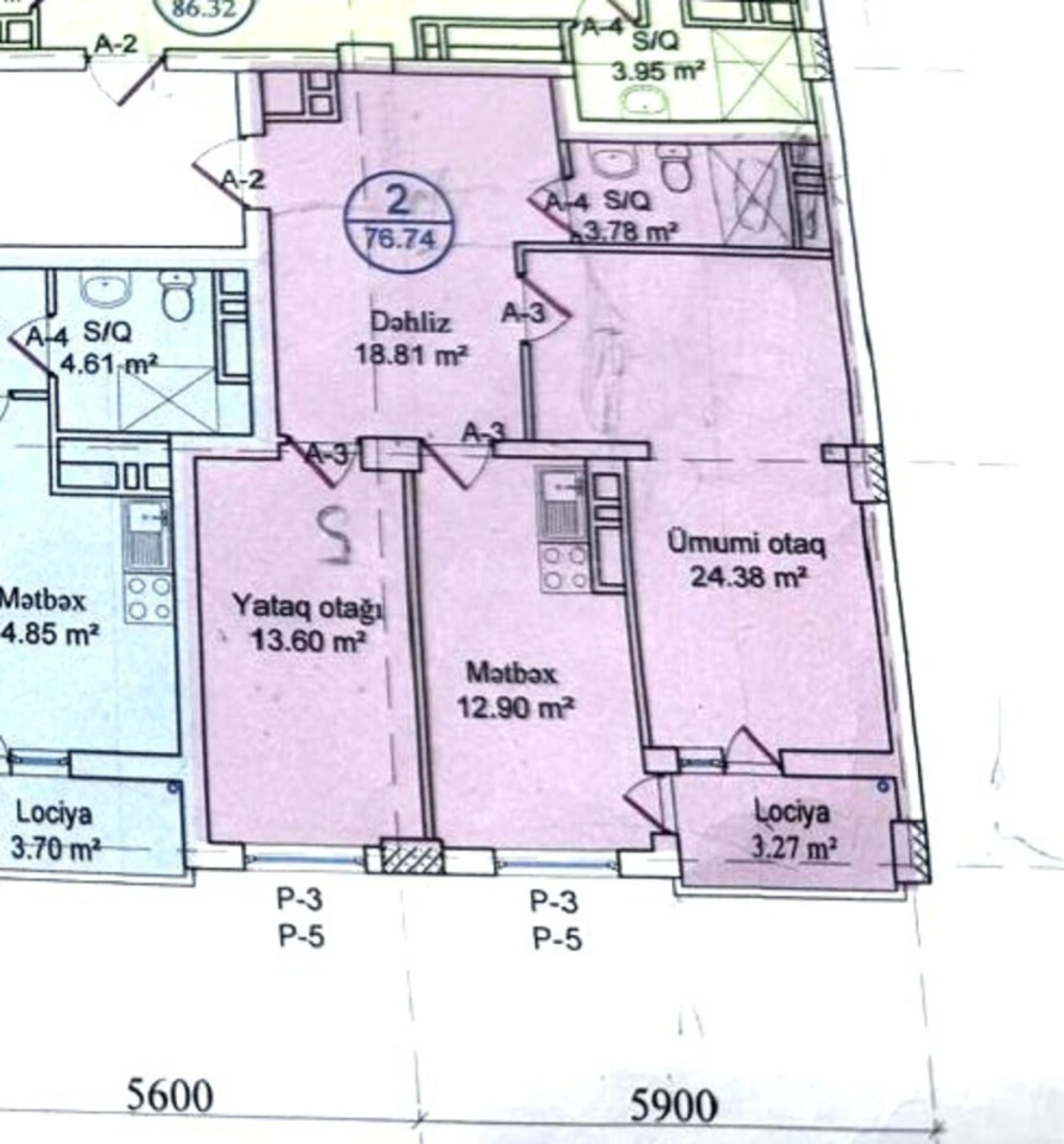 Satılır 2 otaqlı mənzil 77 m²