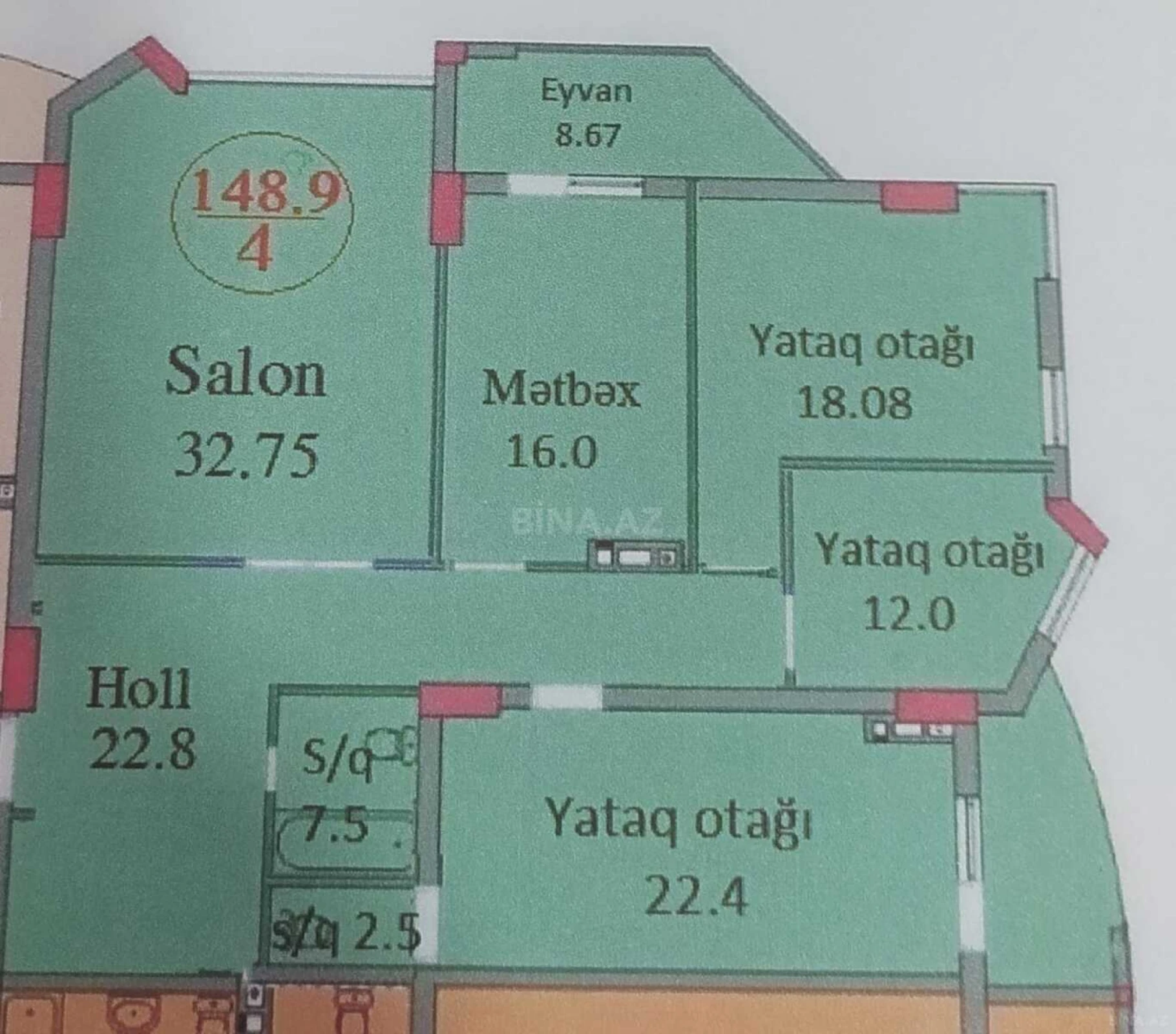 Satılır 4 otaqlı mənzil 148.9 m²