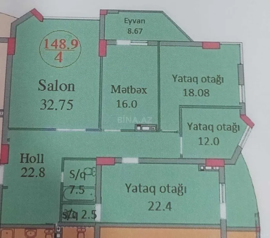 Satılır 4 otaqlı mənzil 148.9 m²