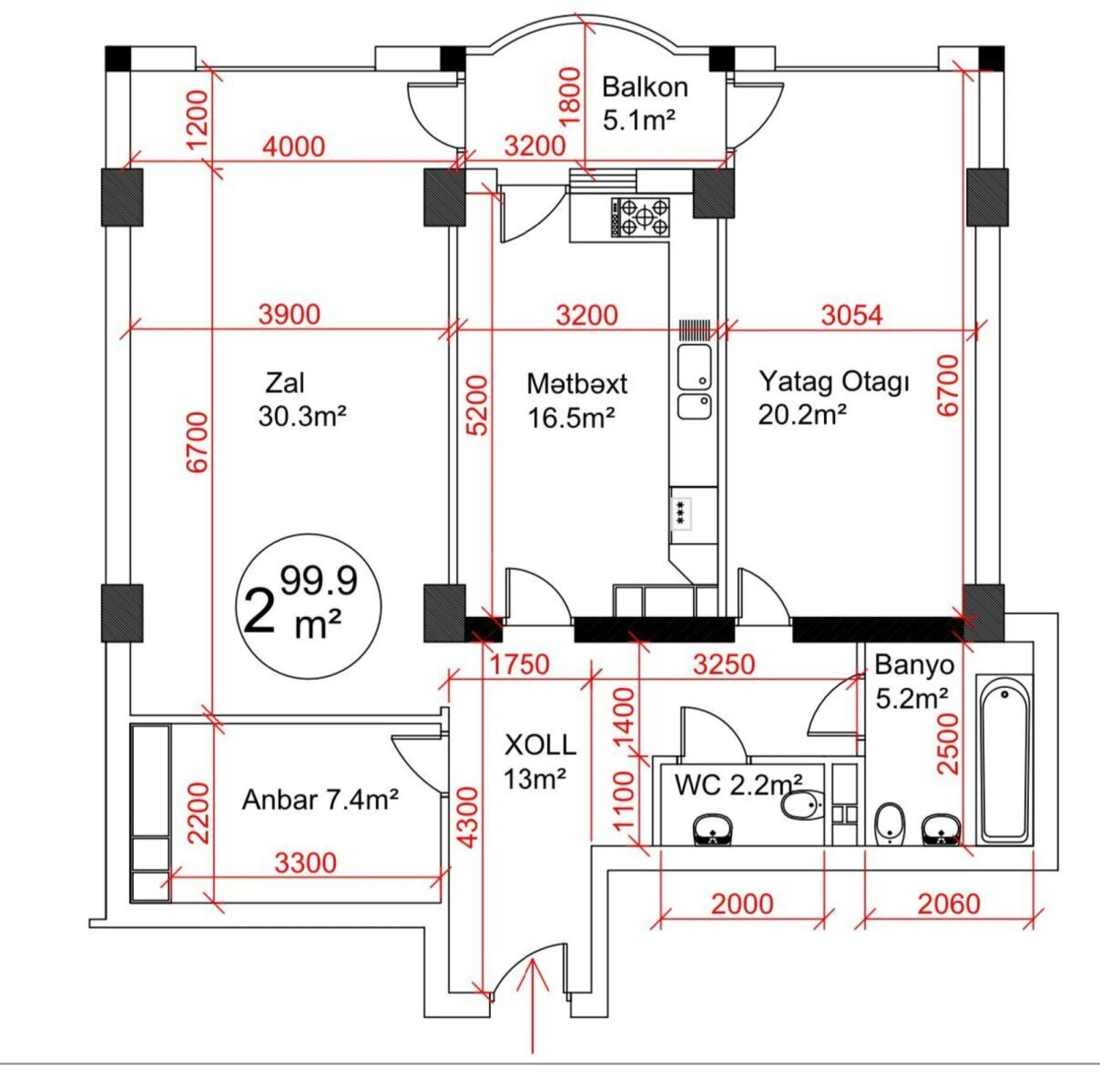 Satılır 2 otaqlı mənzil 100 m²