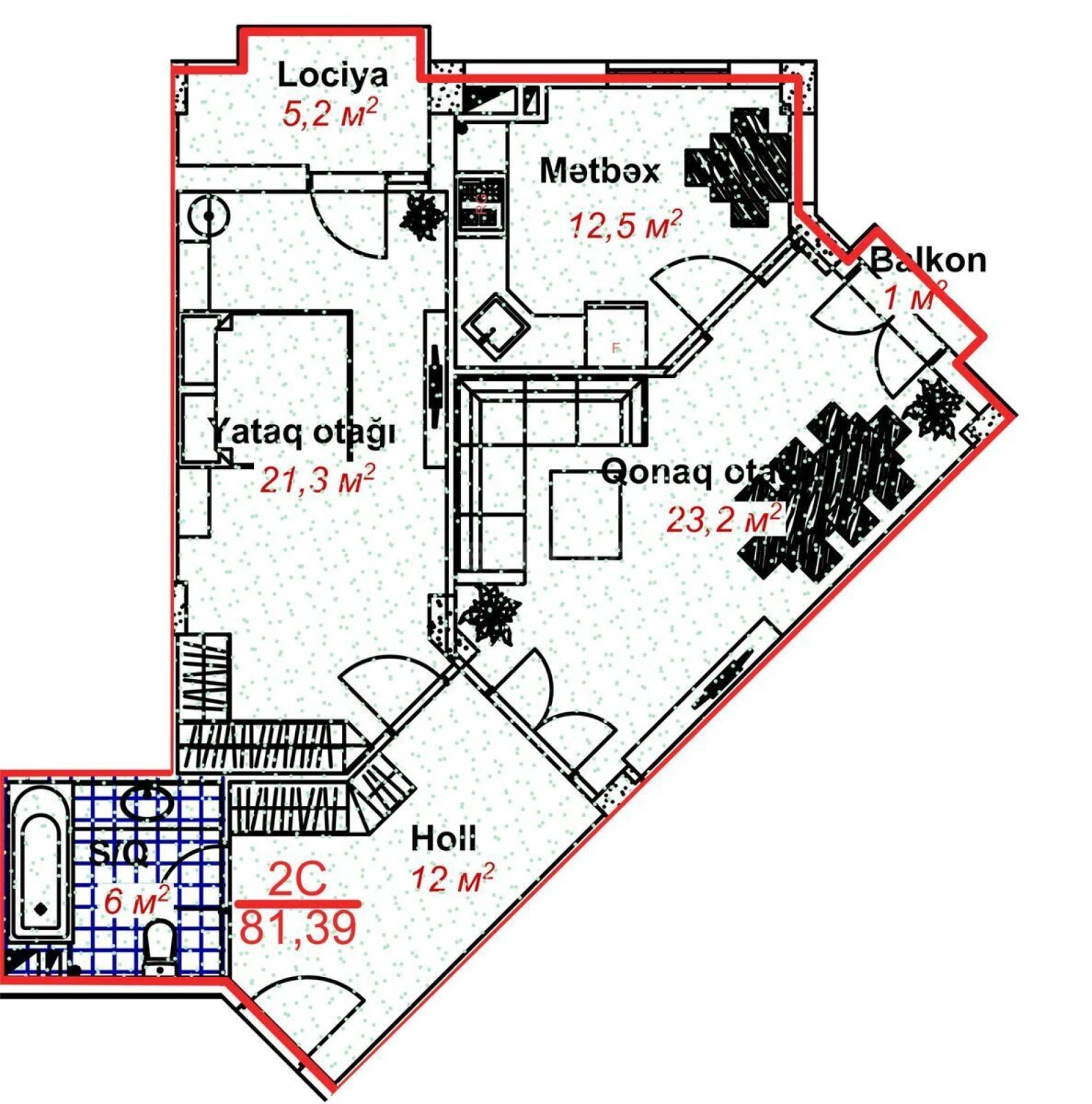 Satılır 2 otaqlı mənzil 81.3 m²