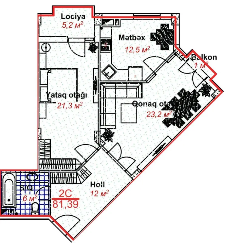 Satılır 2 otaqlı mənzil 81.3 m²
