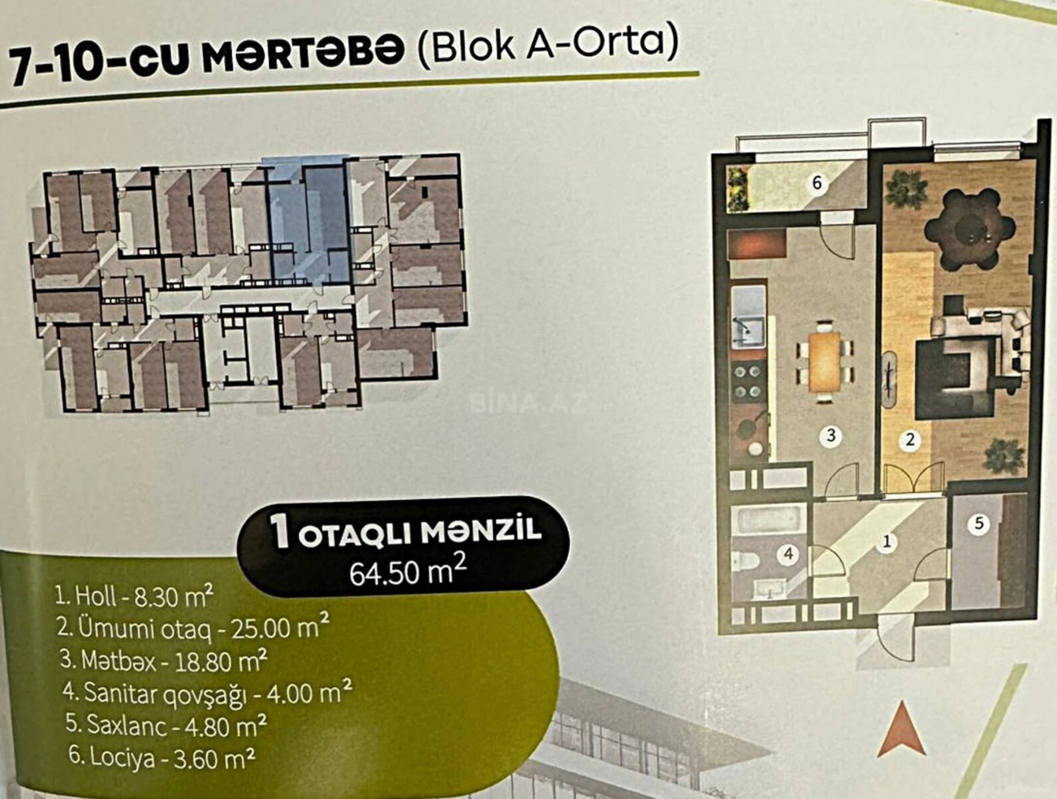 Satılır 2 otaqlı mənzil 64.5 m²