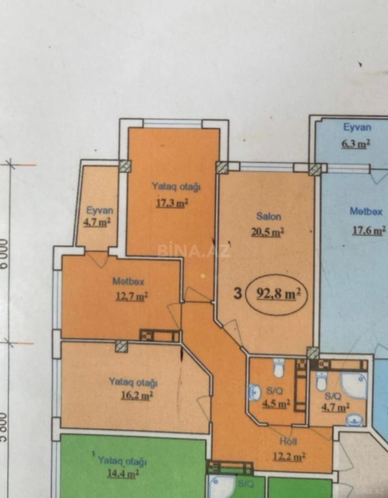 Satılır 3 otaqlı mənzil 93 m²