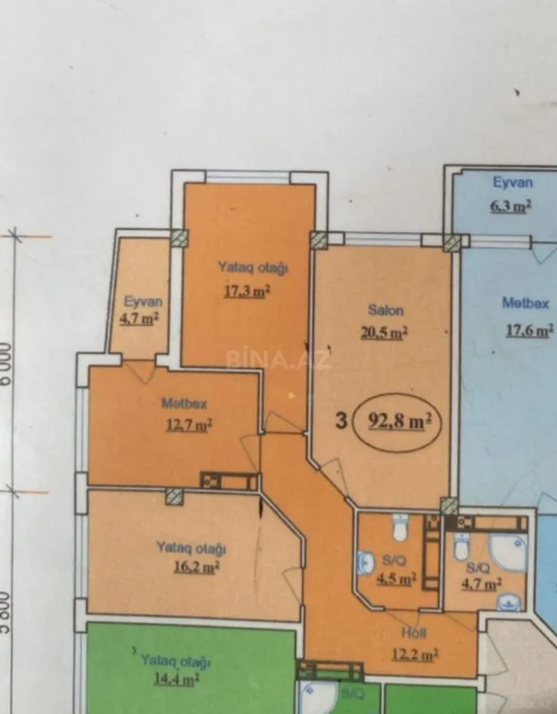 Satılır 3 otaqlı mənzil 93 m²