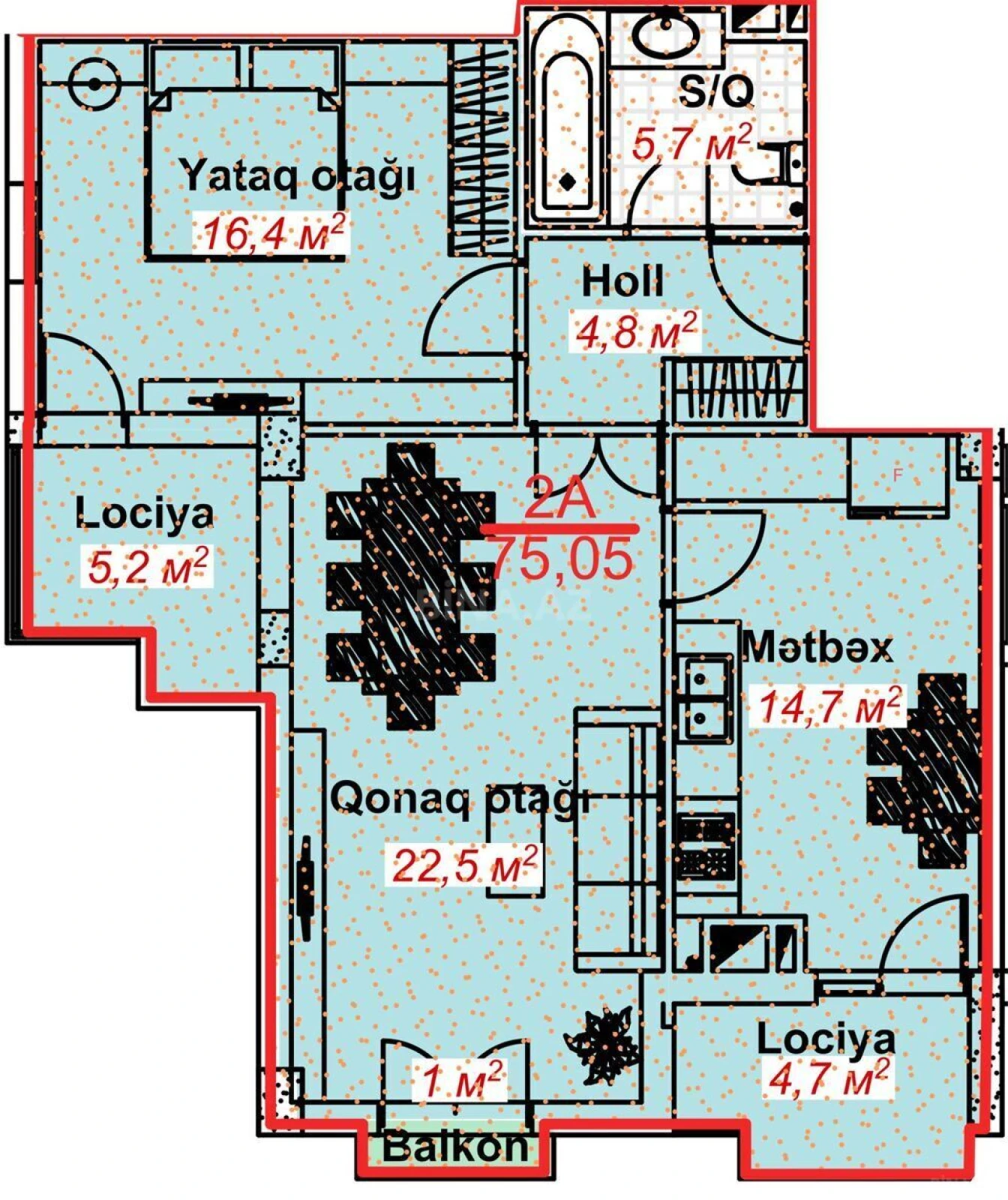 Satılır 2 otaqlı mənzil 75 m²
