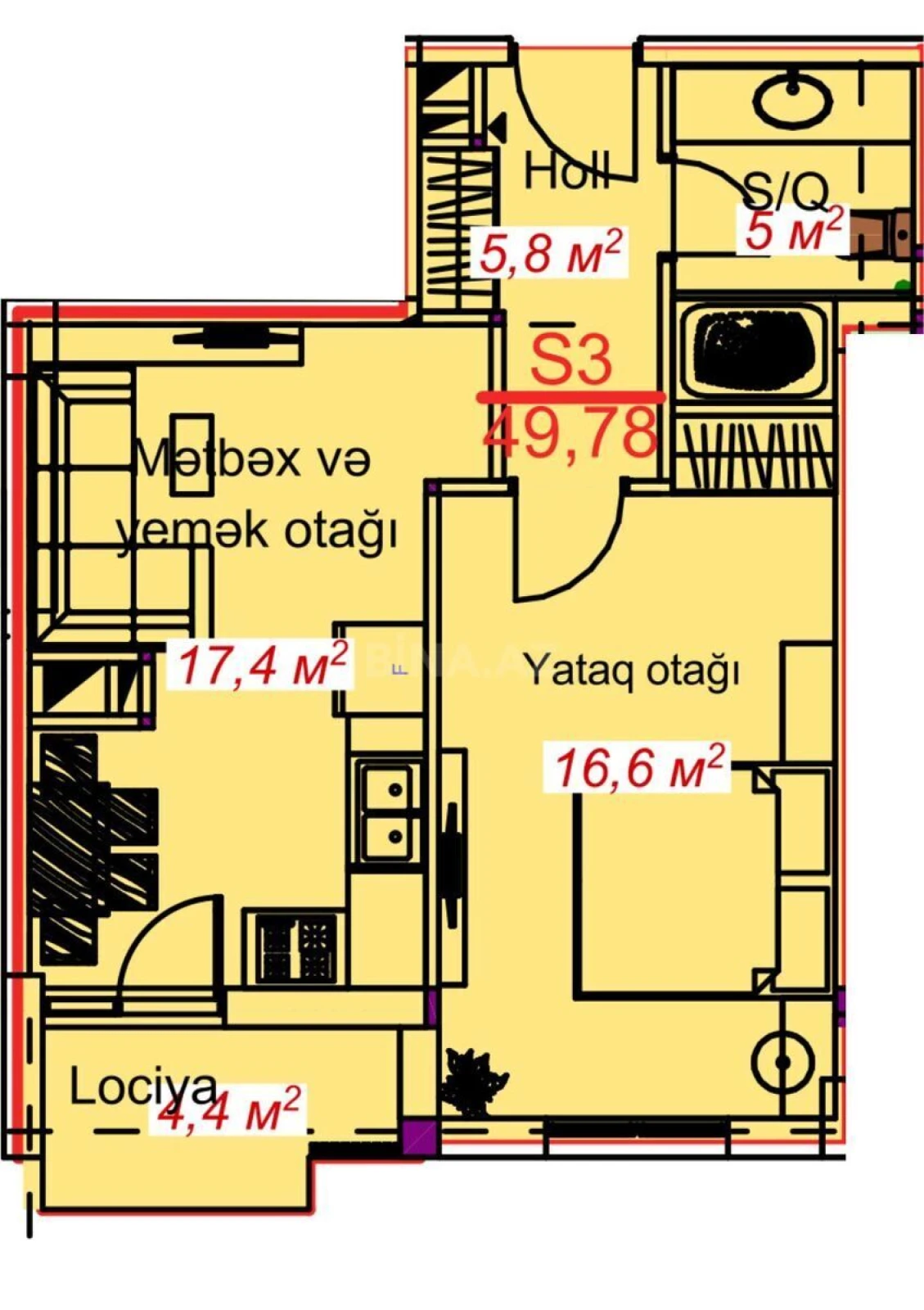 Satılır 1 otaqlı mənzil 49.7 m²