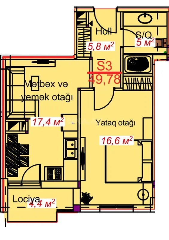 Satılır 1 otaqlı mənzil 49.7 m²