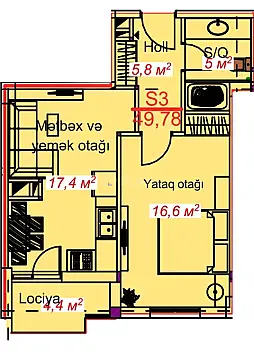 Satılır 1 otaqlı mənzil 49.7 m²