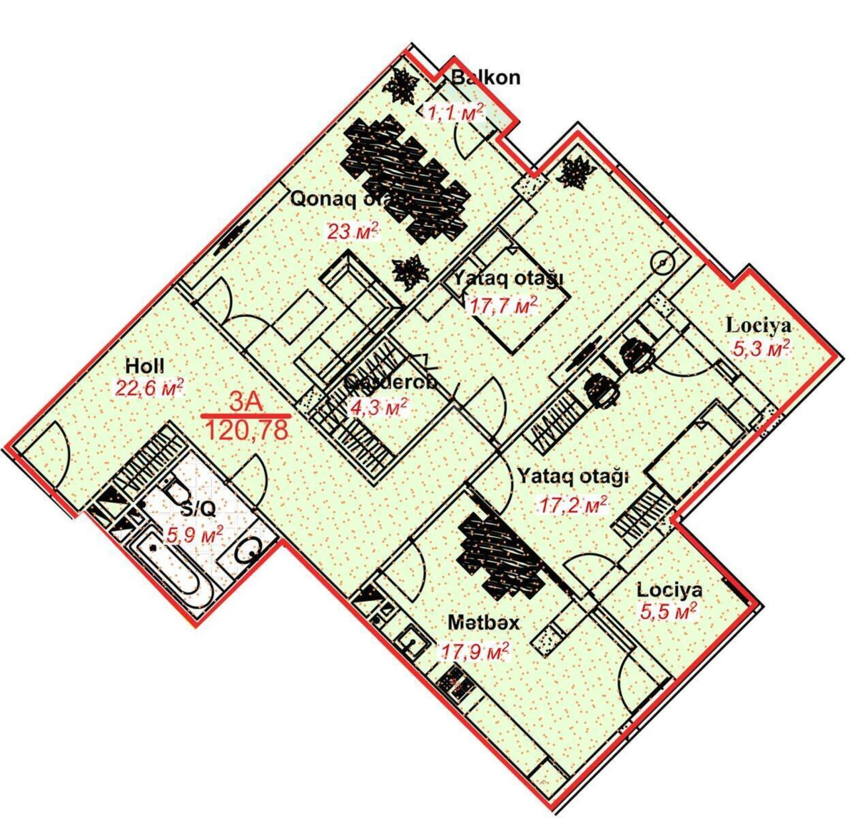 Satılır 3 otaqlı mənzil 120.78 m²