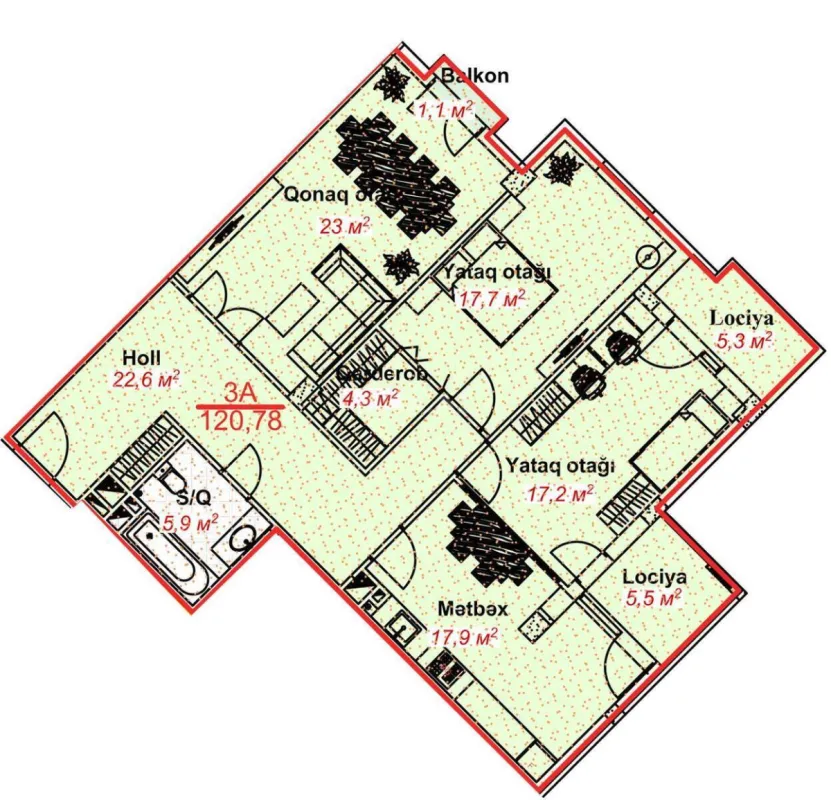 Satılır 3 otaqlı mənzil 120.78 m²
