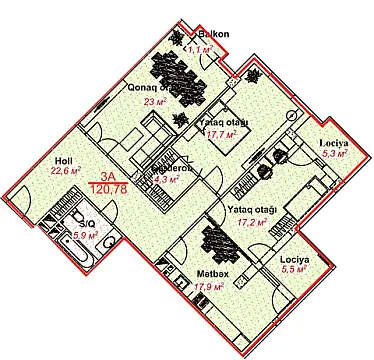 Satılır 3 otaqlı mənzil 120.78 m²