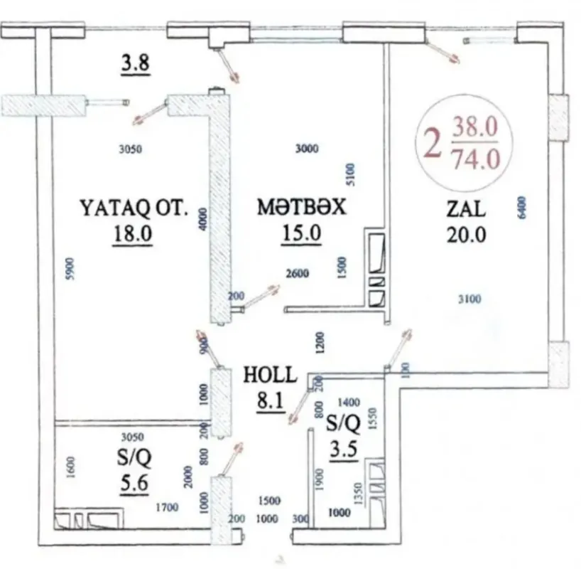 Satılır 2 otaqlı mənzil 76 m²