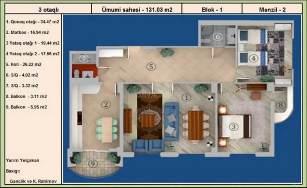 Satılır 3 otaqlı mənzil 132 m²