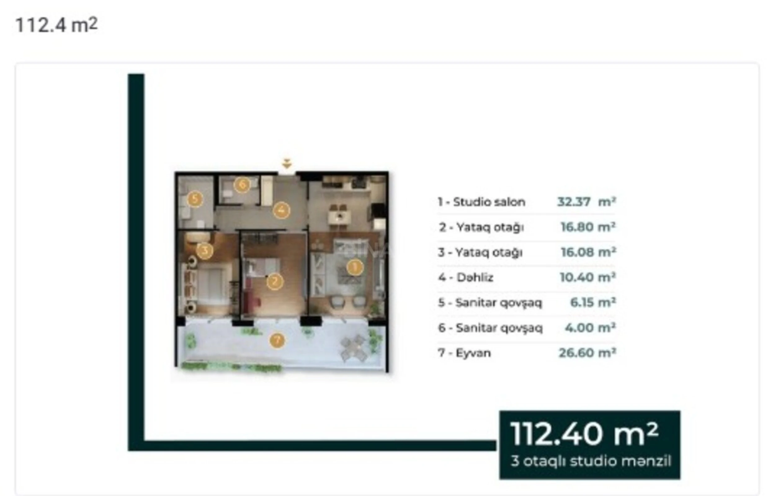 Satılır 3 otaqlı mənzil 112.4 m²