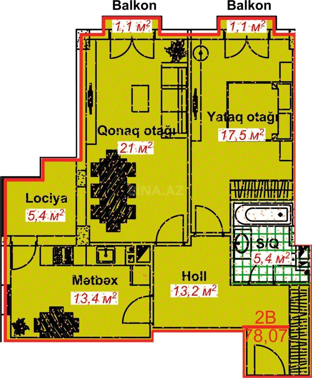 Satılır 2 otaqlı mənzil 78 m²