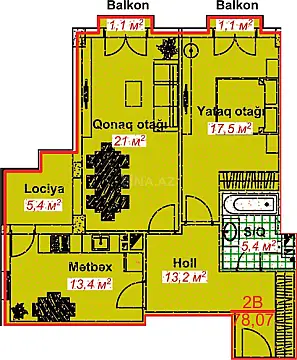 Satılır 2 otaqlı mənzil 78 m²