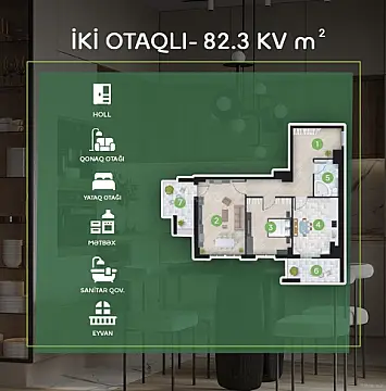 Satılır 2 otaqlı mənzil 83 m²