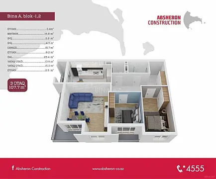 Satılır 3 otaqlı mənzil 107.7 m²