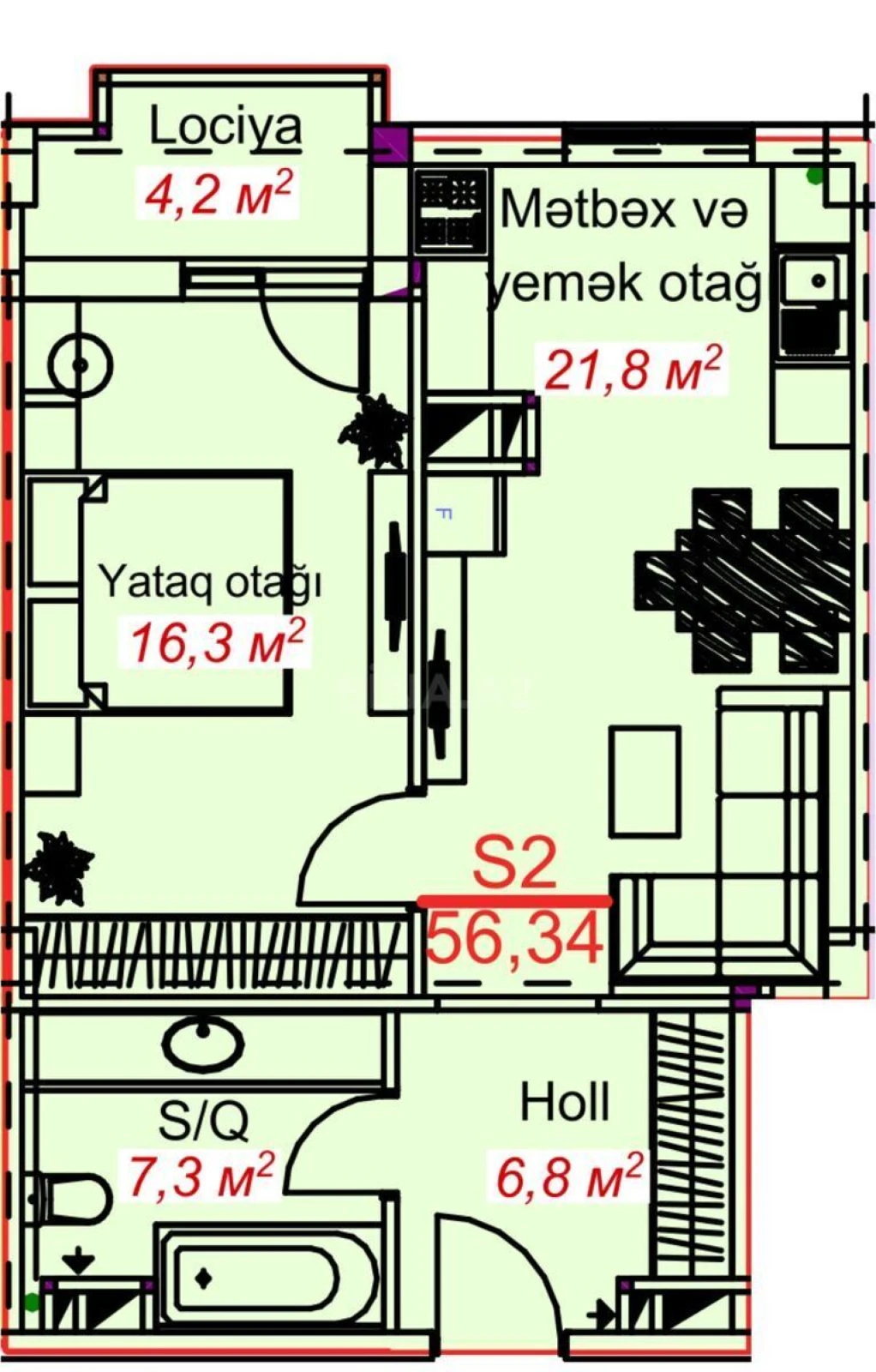 Satılır 1 otaqlı mənzil 56.3 m²