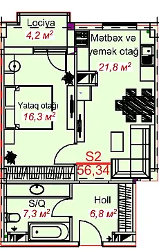 Satılır 1 otaqlı mənzil 56.3 m²