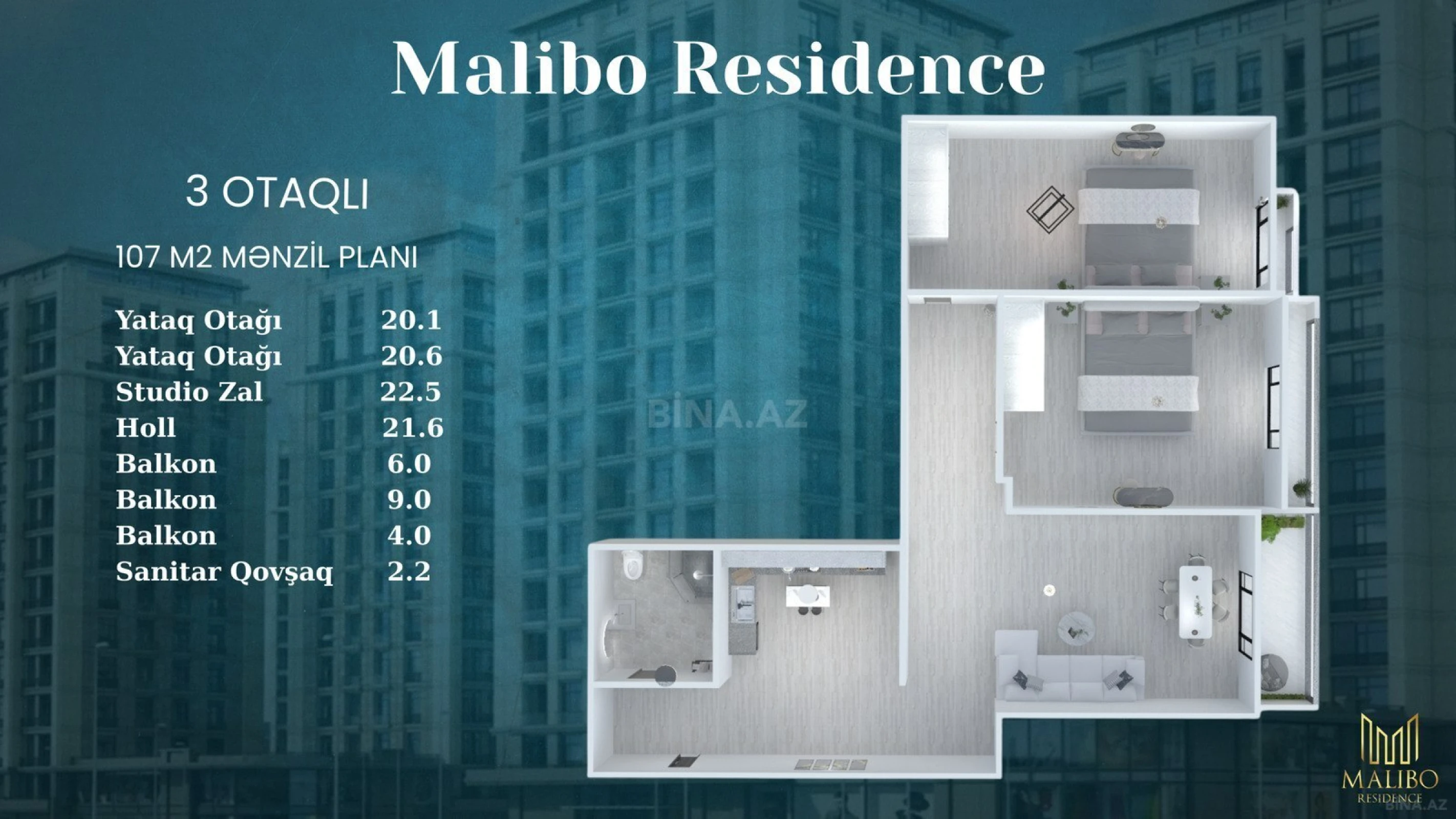 Satılır 3 otaqlı mənzil 107 m²
