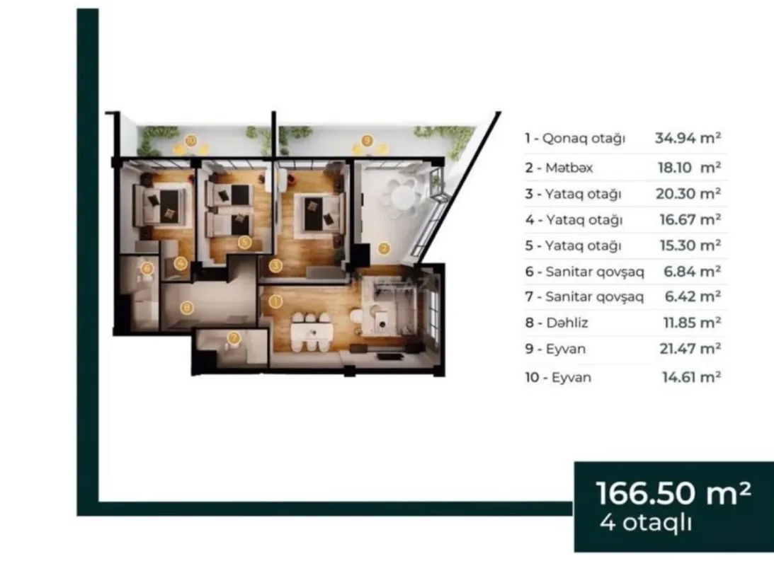 Satılır 4 otaqlı mənzil 166.5 m²