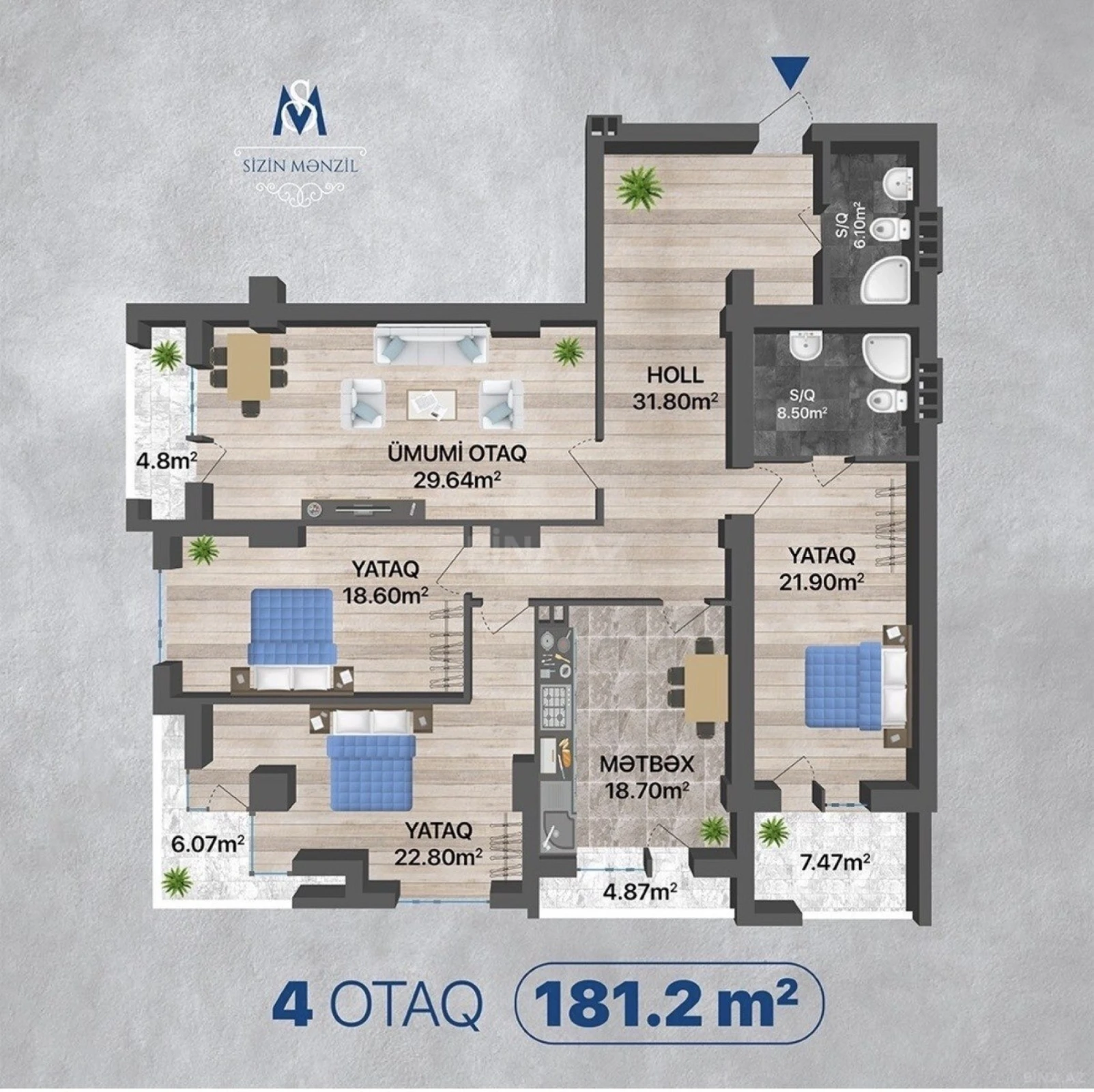 Satılır 4 otaqlı mənzil 181.2 m²