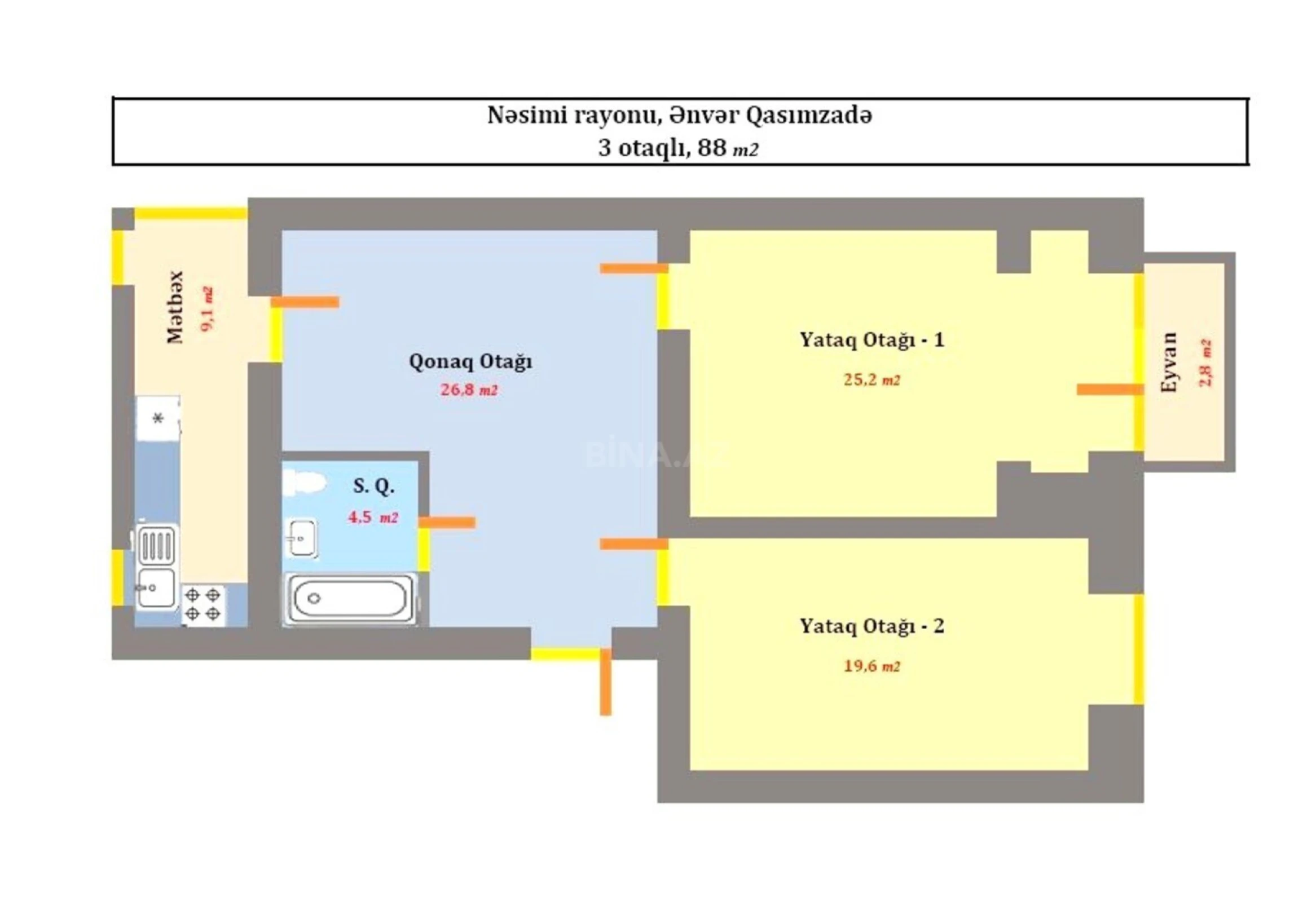 Satılır 3 otaqlı mənzil 88 m²