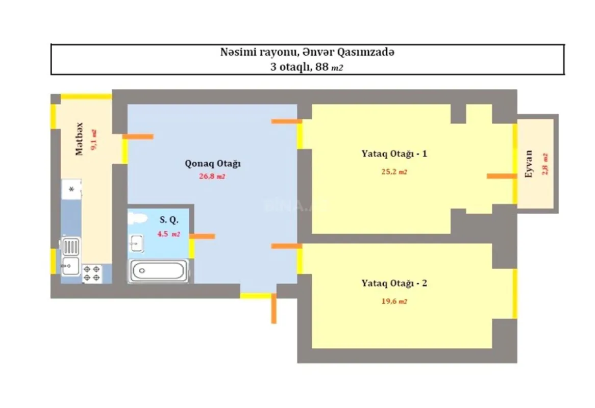 Satılır 3 otaqlı mənzil 88 m²