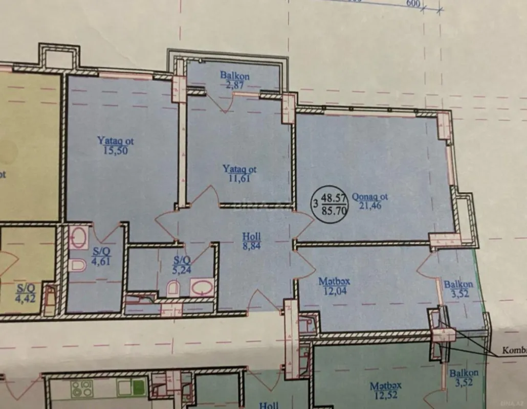 Satılır 3 otaqlı mənzil 85.7 m²