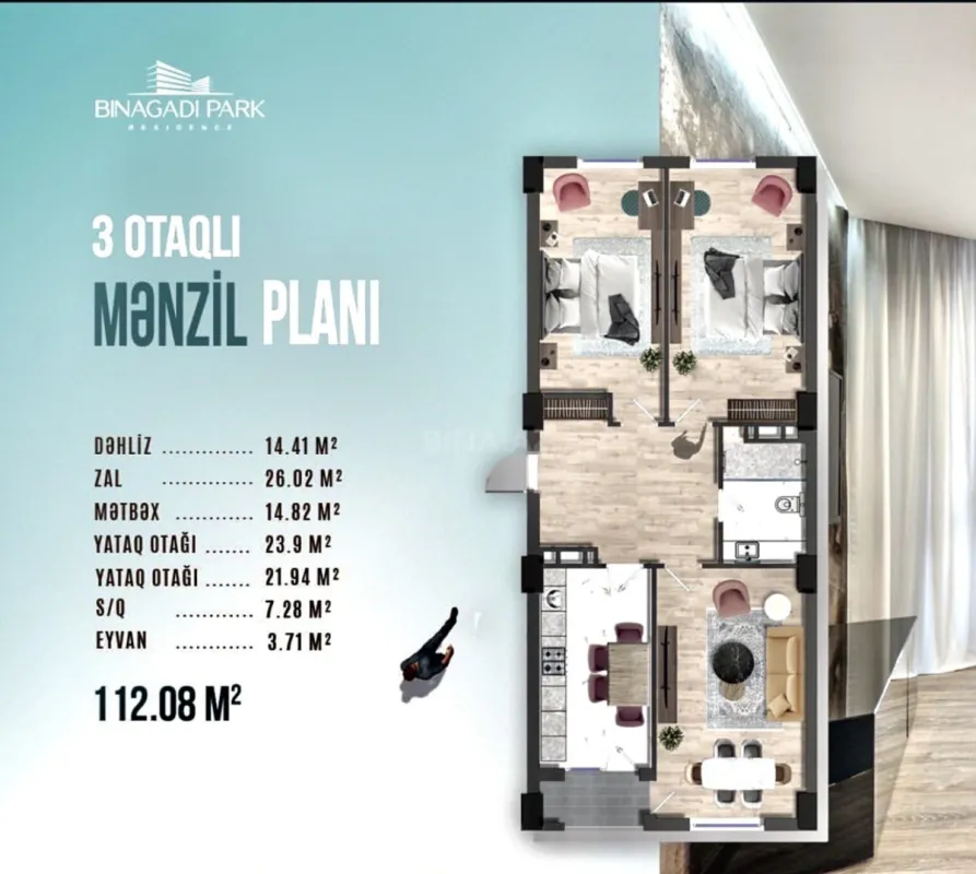Satılır 3 otaqlı mənzil 112.8 m²