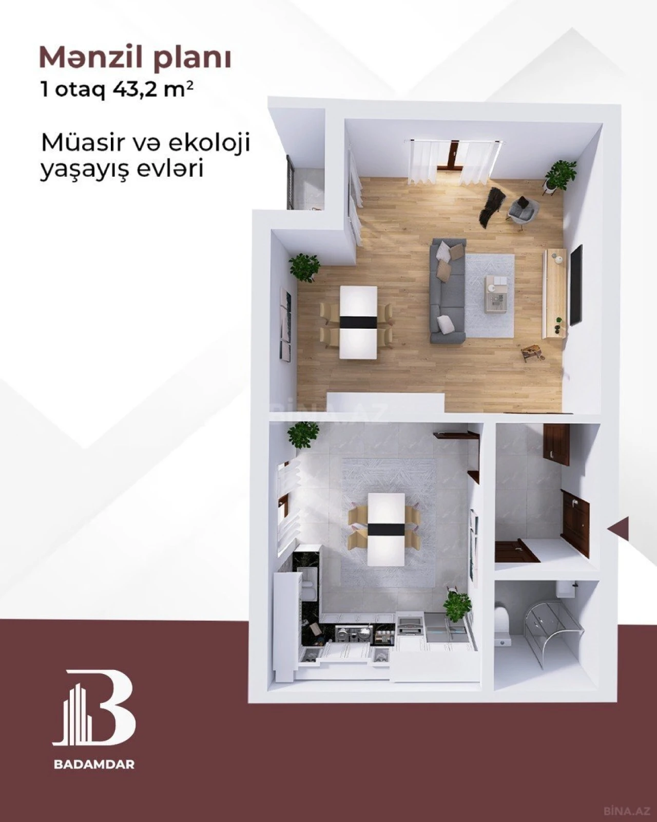 Satılır 1 otaqlı mənzil 43.2 m²