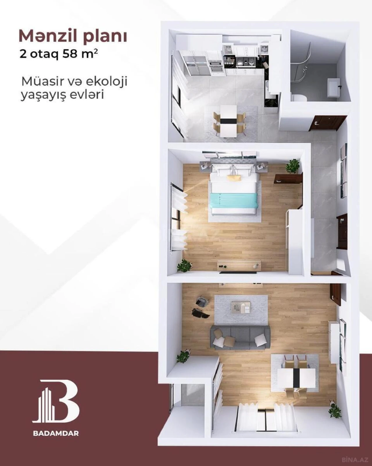 Satılır 2 otaqlı mənzil 58 m²