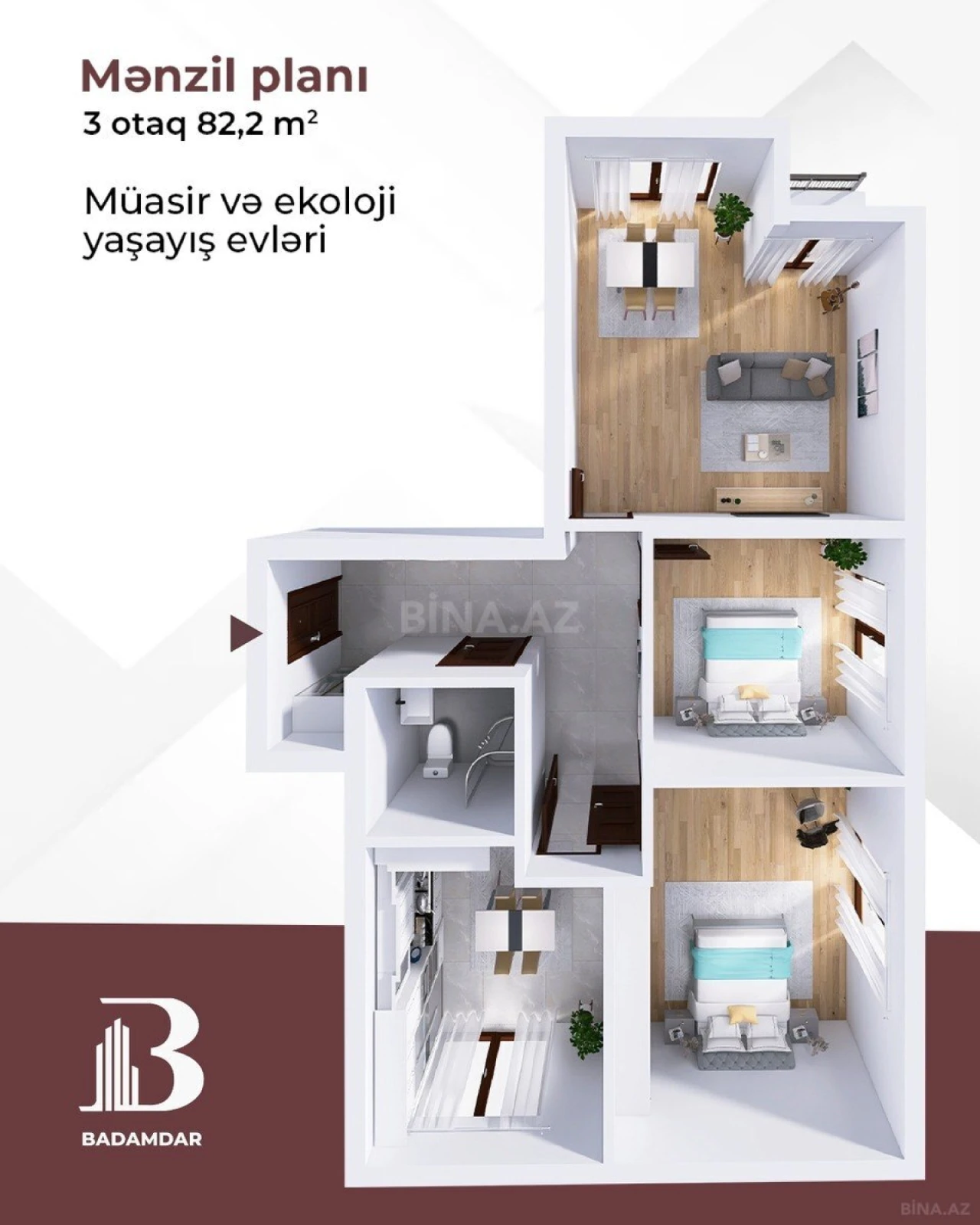 Satılır 3 otaqlı mənzil 82.2 m²