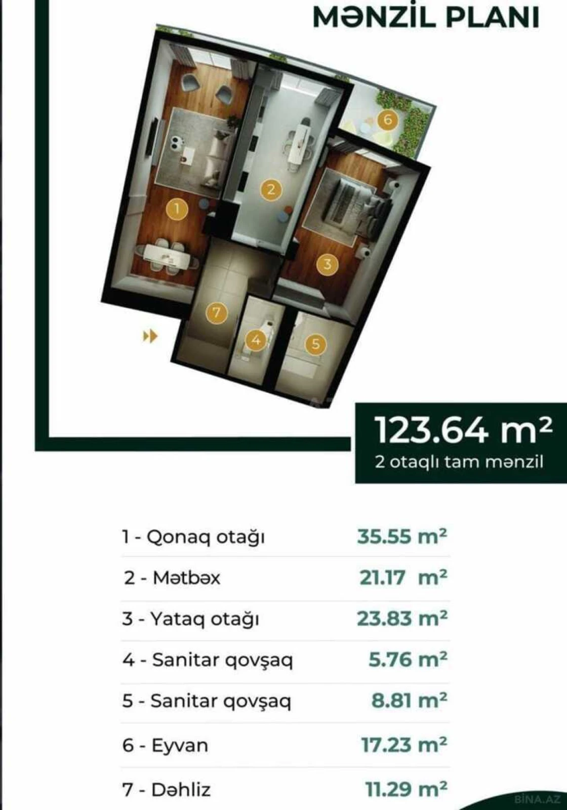 Satılır 2 otaqlı mənzil 124 m²