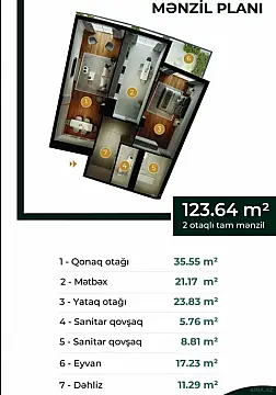 Satılır 2 otaqlı mənzil 124 m²