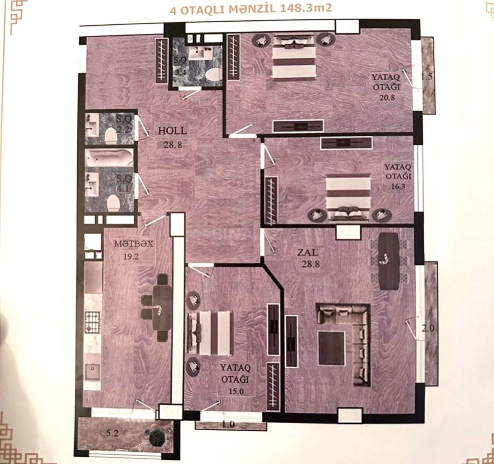 Satılır 4 otaqlı mənzil 149 m²