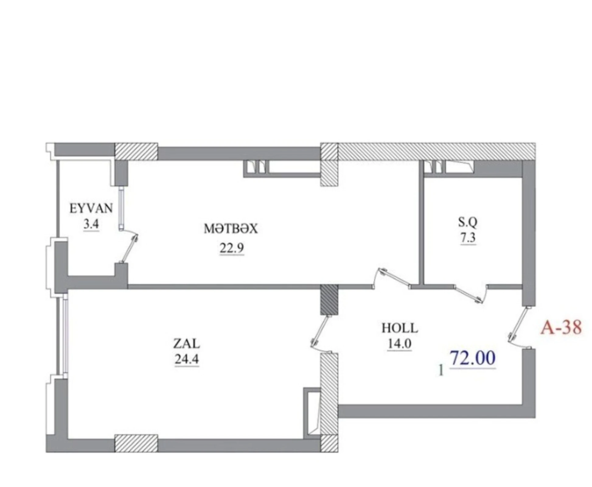 Satılır 2 otaqlı mənzil 72 m²