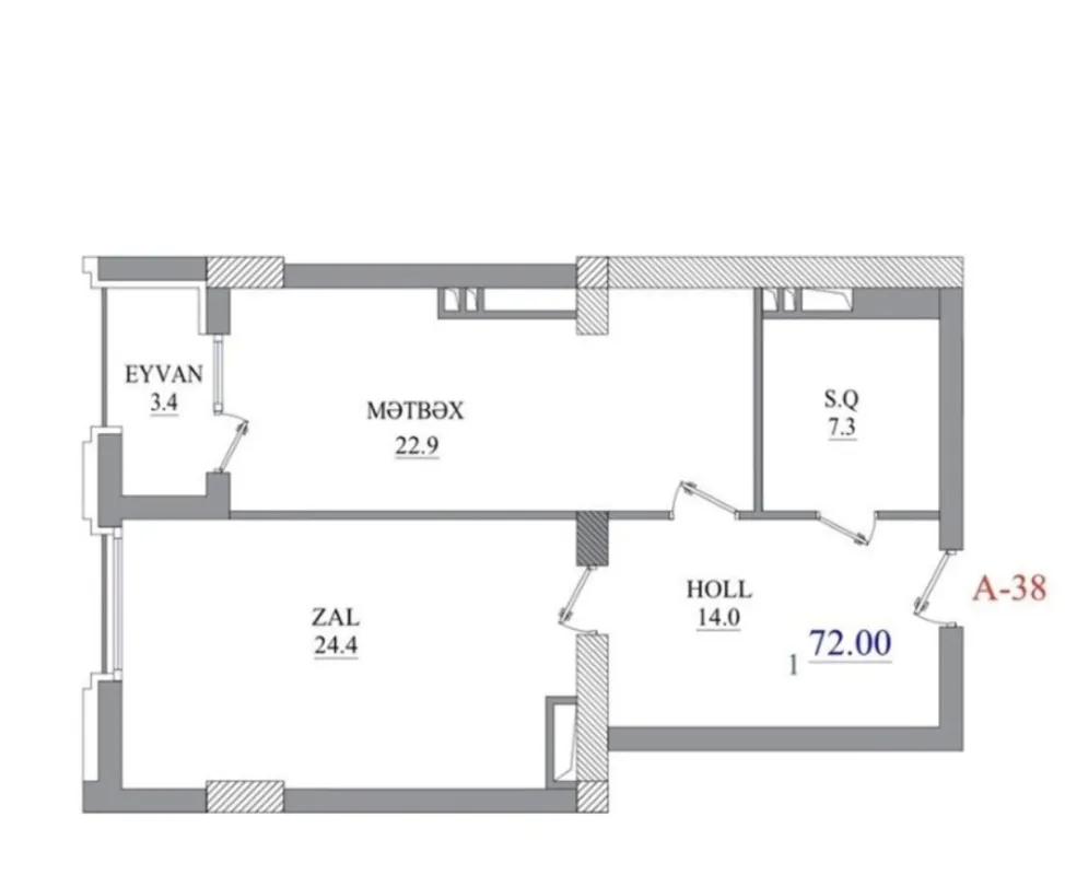 Satılır 2 otaqlı mənzil 72 m²