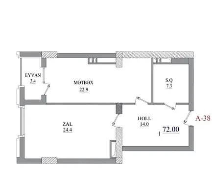 Satılır 2 otaqlı mənzil 72 m²