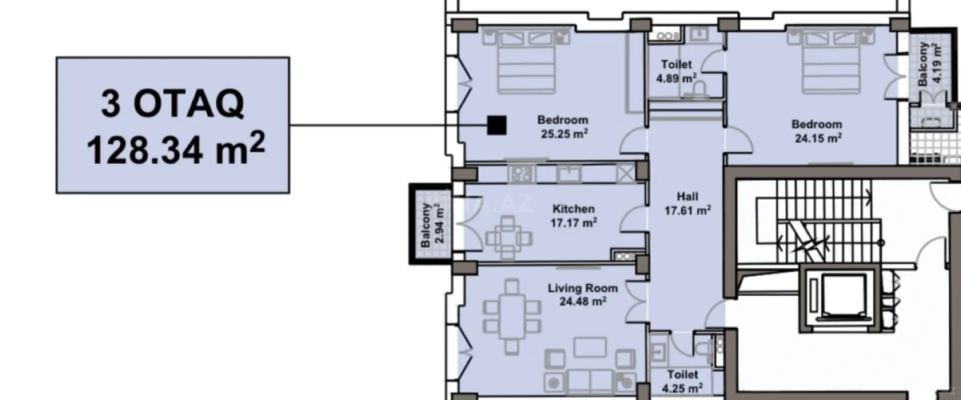 Satılır 3 otaqlı mənzil 128.3 m²