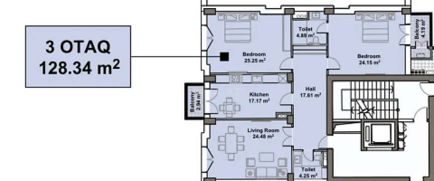 Satılır 3 otaqlı mənzil 128.3 m²