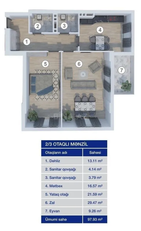 Satılır 3 otaqlı mənzil 101 m²
