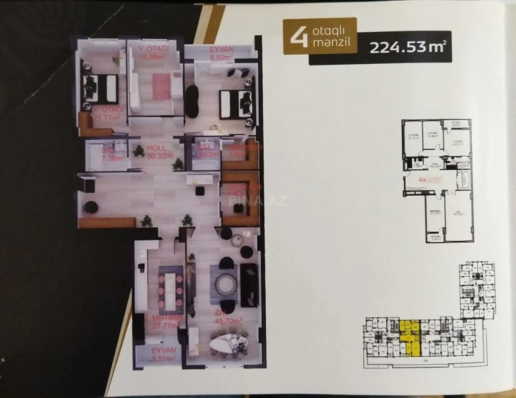 Satılır 4 otaqlı mənzil 224 m²