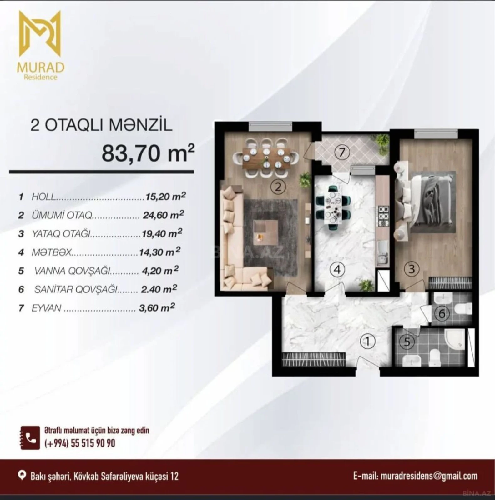 Satılır 2 otaqlı mənzil 84 m²