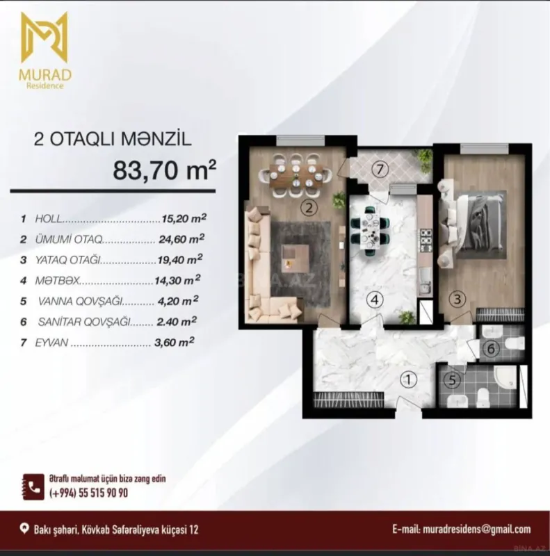 Satılır 2 otaqlı mənzil 84 m²